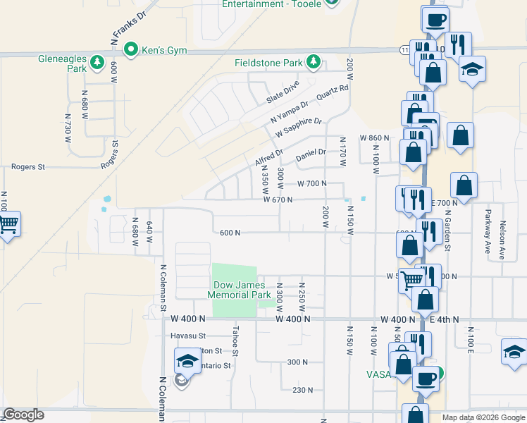 map of restaurants, bars, coffee shops, grocery stores, and more near 354 West 630 North Street in Tooele