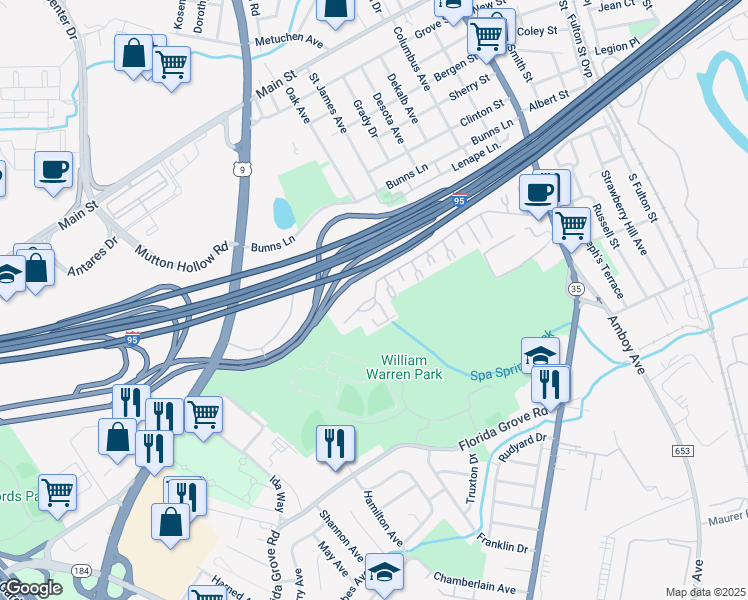 map of restaurants, bars, coffee shops, grocery stores, and more near 1012 Cricket Lane in Woodbridge Township