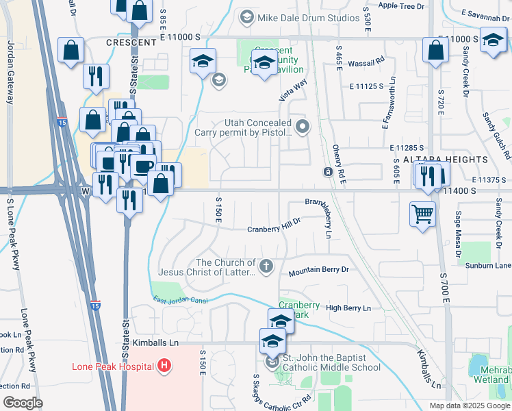 map of restaurants, bars, coffee shops, grocery stores, and more near 11443 East Loganberry Court in Draper