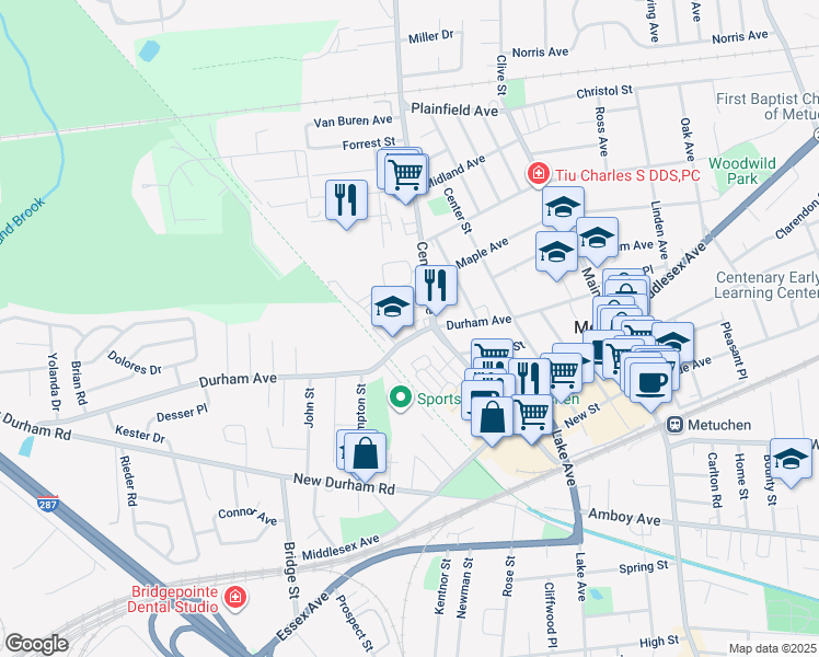map of restaurants, bars, coffee shops, grocery stores, and more near 157 Durham Avenue in Metuchen