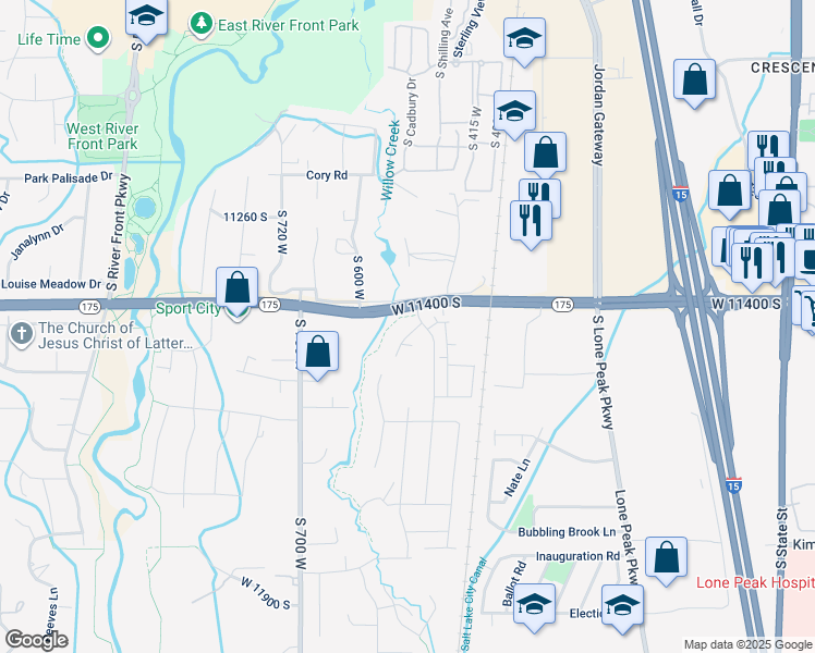 map of restaurants, bars, coffee shops, grocery stores, and more near 11422 South Wildrye Field Way in Draper