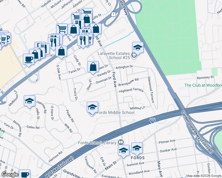 map of restaurants, bars, coffee shops, grocery stores, and more near 15 Hearthstone Avenue in Woodbridge Township