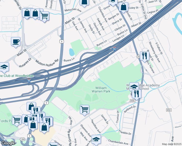 map of restaurants, bars, coffee shops, grocery stores, and more near 1012 Cricket Lane in Woodbridge Township