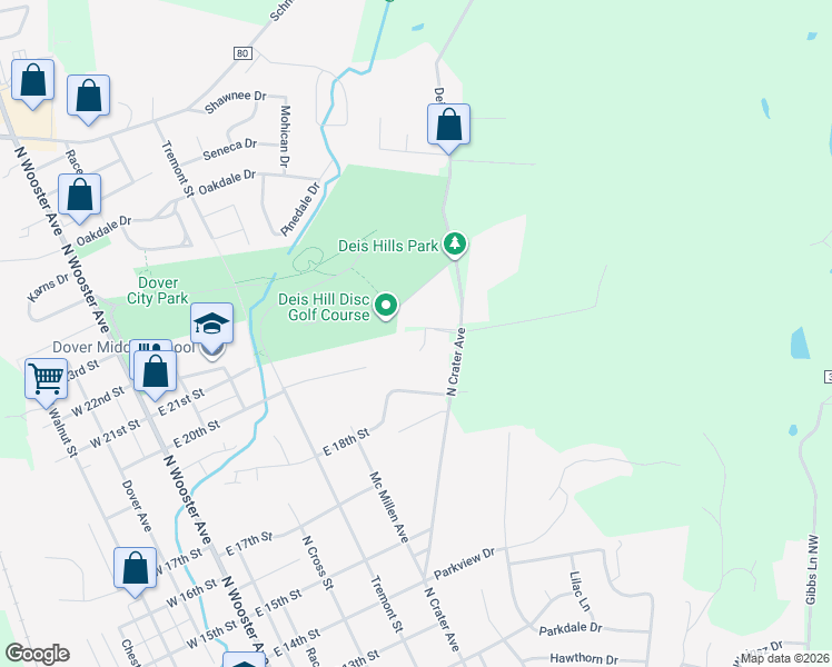 map of restaurants, bars, coffee shops, grocery stores, and more near 1592 North Crater Avenue in Dover