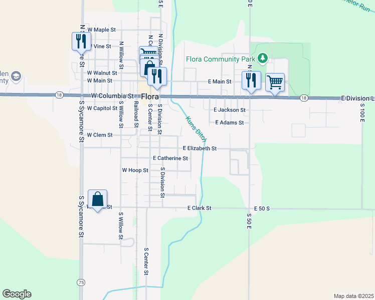 map of restaurants, bars, coffee shops, grocery stores, and more near 301-399 East Elizabeth Street in Flora