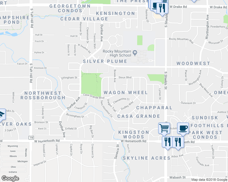 map of restaurants, bars, coffee shops, grocery stores, and more near 3213 Bowie Avenue in Fort Collins