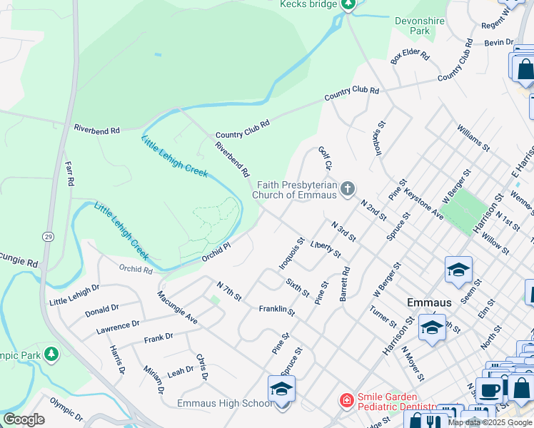 map of restaurants, bars, coffee shops, grocery stores, and more near 2780 Riverbend Road in Allentown