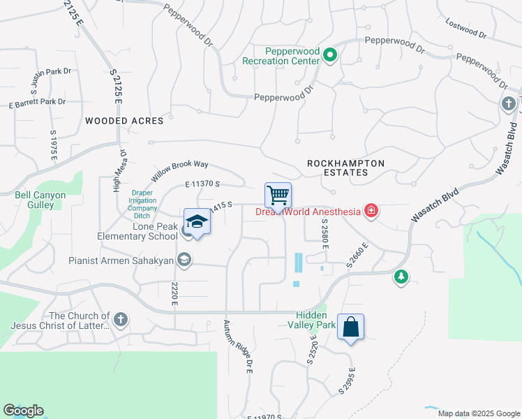map of restaurants, bars, coffee shops, grocery stores, and more near 2418 High Mountain Drive in Sandy