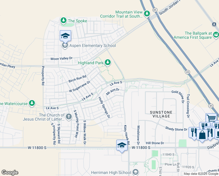 map of restaurants, bars, coffee shops, grocery stores, and more near 6101 West Lake Avenue in South Jordan