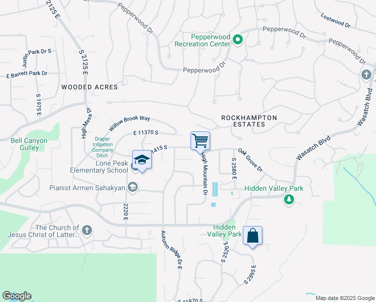 map of restaurants, bars, coffee shops, grocery stores, and more near 2418 High Mountain Drive in Sandy