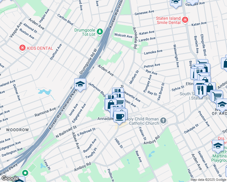 map of restaurants, bars, coffee shops, grocery stores, and more near 953 1/2 Carlton Boulevard in Staten Island