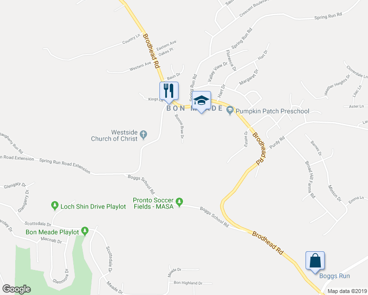 map of restaurants, bars, coffee shops, grocery stores, and more near 612 Bonnie Brae Drive in Coraopolis