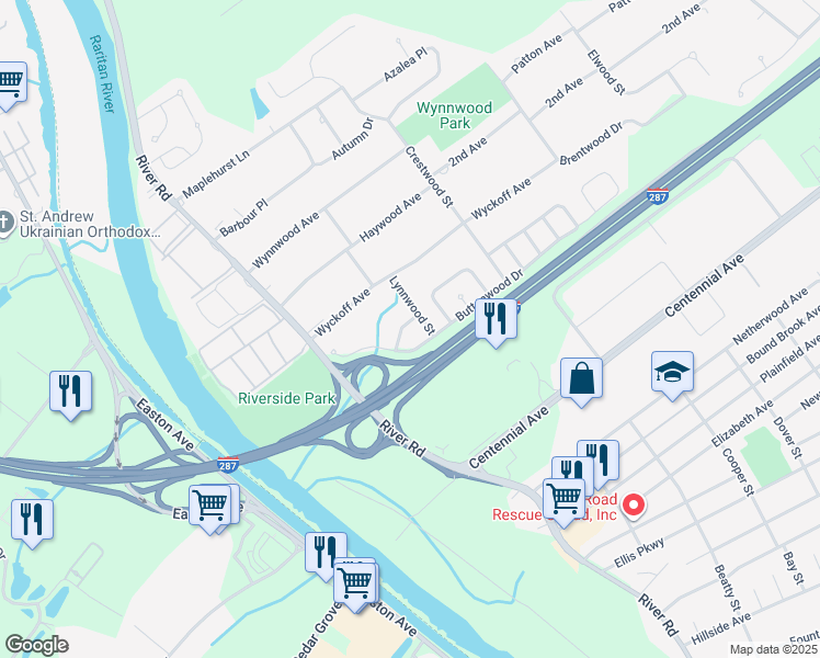 map of restaurants, bars, coffee shops, grocery stores, and more near 9 Knollwood Street in Piscataway