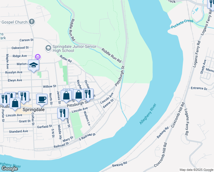 map of restaurants, bars, coffee shops, grocery stores, and more near 1121 Walnut Street in Springdale