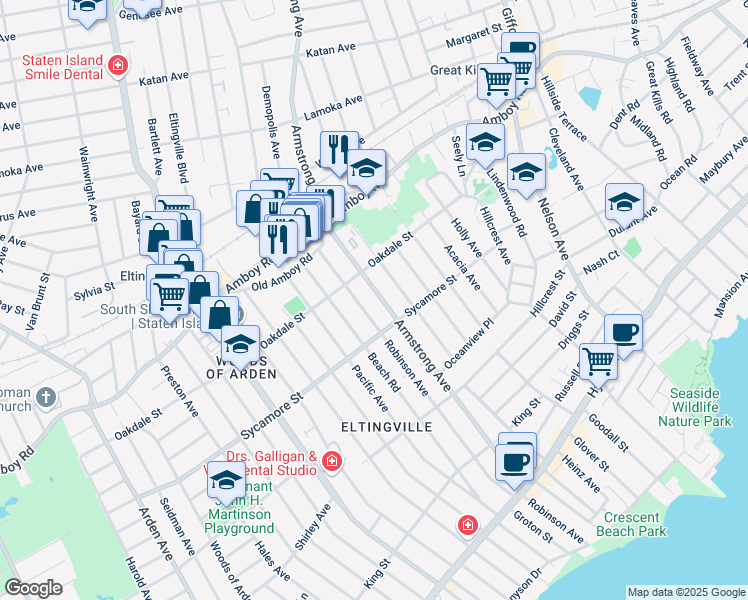 map of restaurants, bars, coffee shops, grocery stores, and more near 405 Robinson Avenue in Staten Island