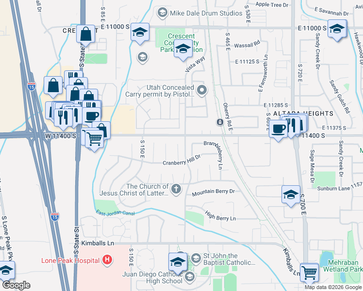 map of restaurants, bars, coffee shops, grocery stores, and more near 11441 Cranberry Hill Court in Draper
