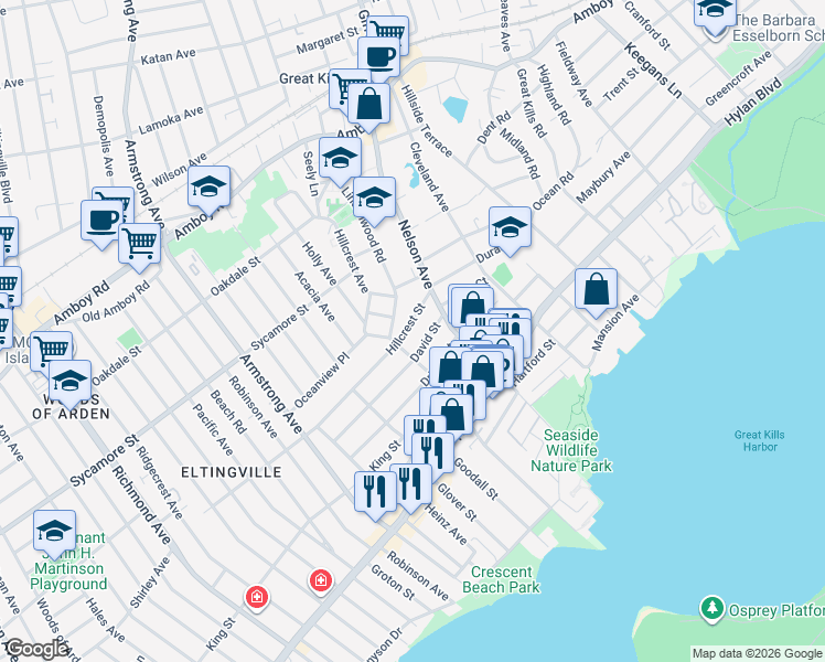 map of restaurants, bars, coffee shops, grocery stores, and more near 50 Hillcrest Street in Staten Island
