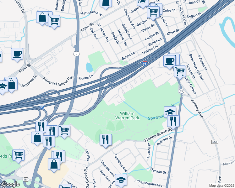 map of restaurants, bars, coffee shops, grocery stores, and more near 1012 Cricket Lane in Woodbridge Township
