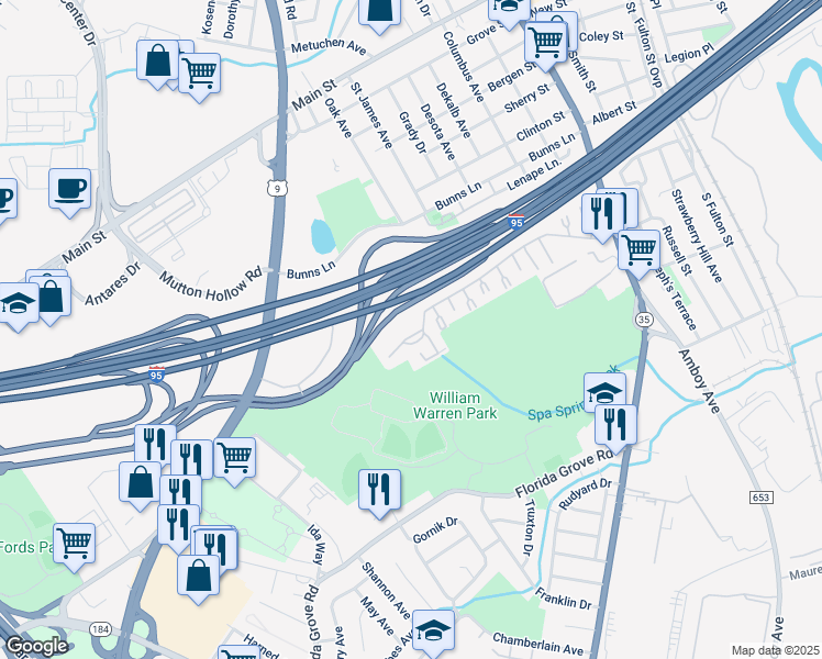 map of restaurants, bars, coffee shops, grocery stores, and more near 1012 Cricket Lane in Woodbridge Township