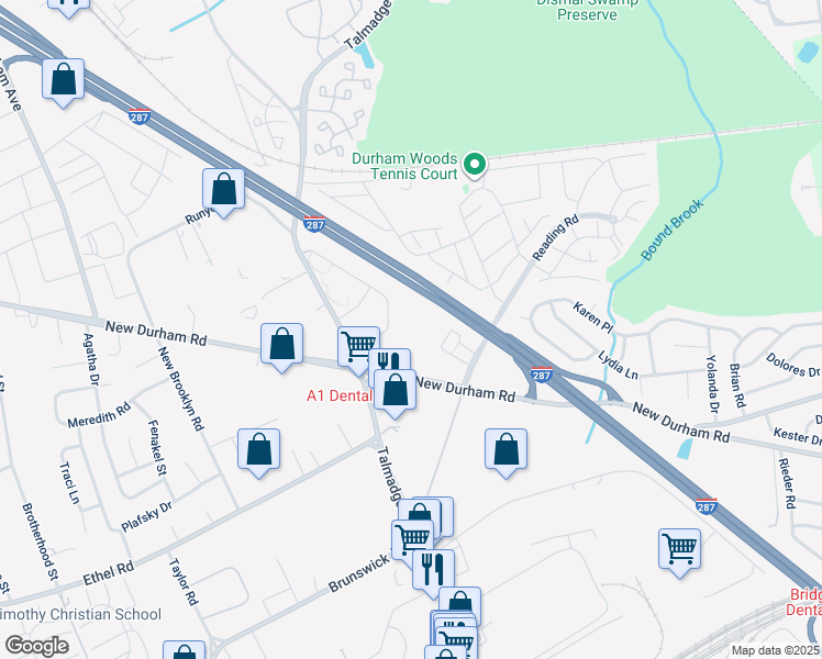 map of restaurants, bars, coffee shops, grocery stores, and more near 1238 Waterford Drive in Edison
