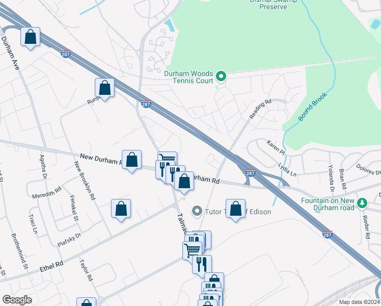 map of restaurants, bars, coffee shops, grocery stores, and more near 1238 Waterford Drive in Edison