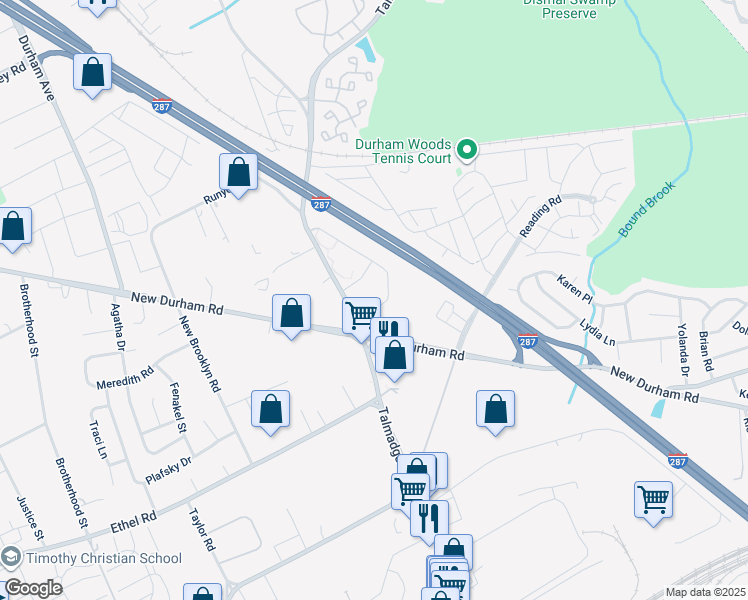 map of restaurants, bars, coffee shops, grocery stores, and more near 711 Waterford Drive in Edison