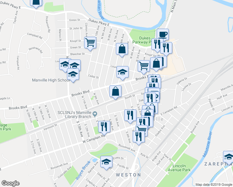 map of restaurants, bars, coffee shops, grocery stores, and more near 510 North Street in Manville