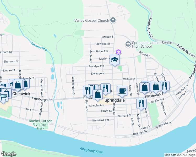 map of restaurants, bars, coffee shops, grocery stores, and more near 499 Willow Street in Springdale