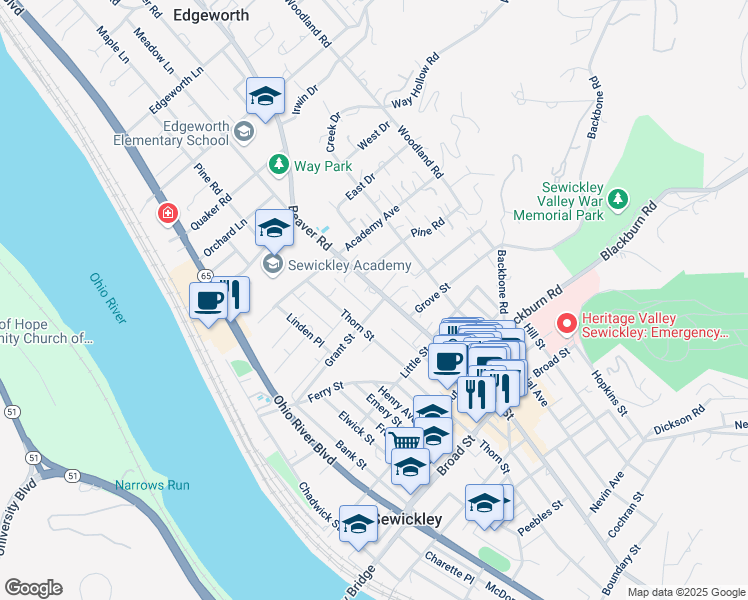 map of restaurants, bars, coffee shops, grocery stores, and more near 66 Beaver Street in Sewickley