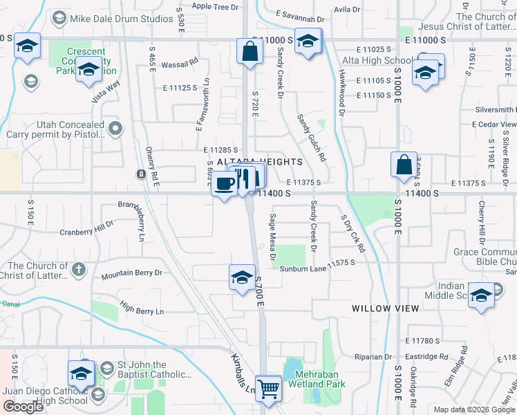 map of restaurants, bars, coffee shops, grocery stores, and more near 11441 South 700 East in Draper