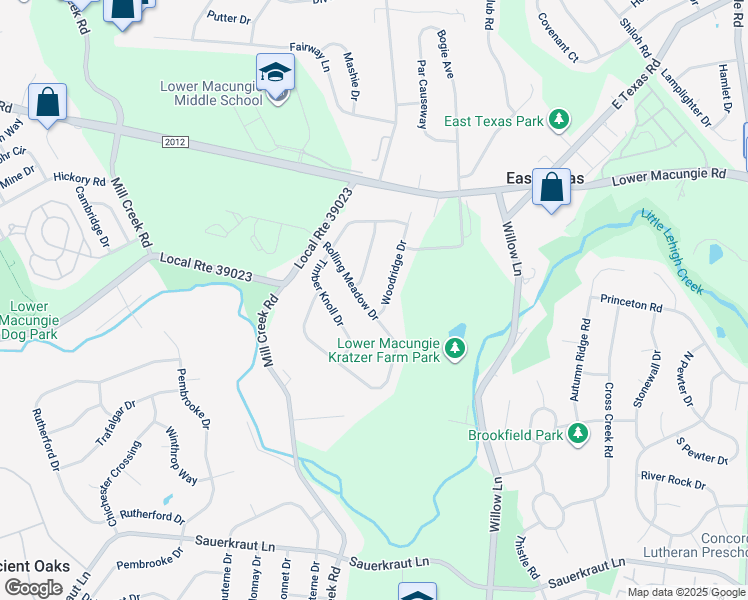 map of restaurants, bars, coffee shops, grocery stores, and more near 2155 Rolling Meadow Drive in Macungie