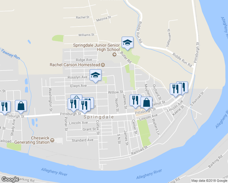 map of restaurants, bars, coffee shops, grocery stores, and more near 401 North Street in Springdale