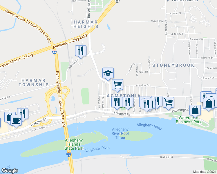 map of restaurants, bars, coffee shops, grocery stores, and more near 225 Pearl Avenue in Cheswick