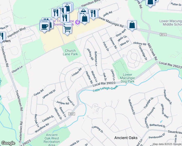 map of restaurants, bars, coffee shops, grocery stores, and more near 1502 Walnut Lane in Macungie