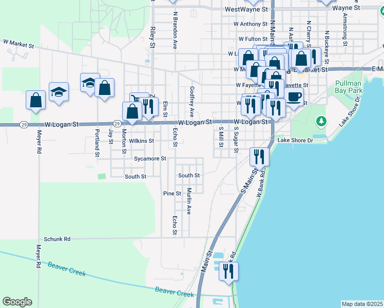 map of restaurants, bars, coffee shops, grocery stores, and more near 527 Sycamore Street in Celina