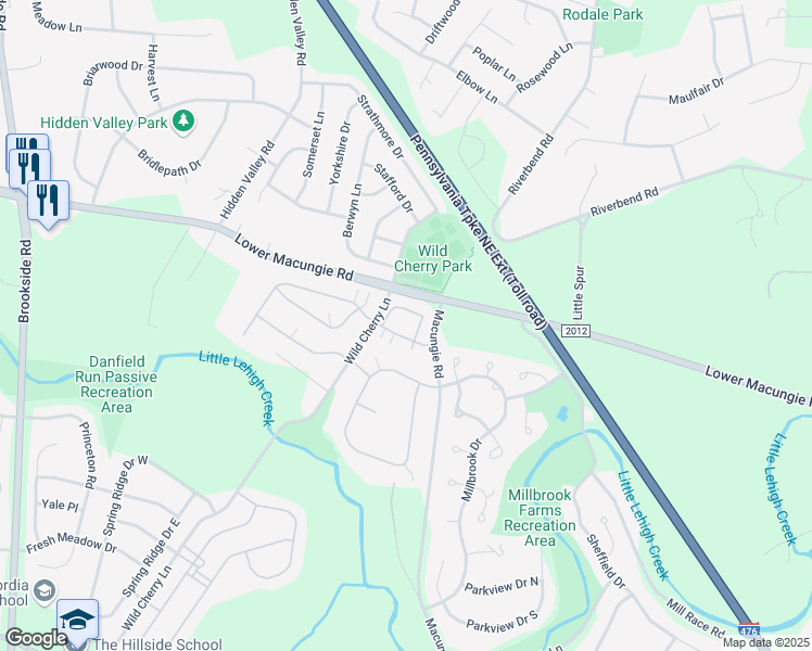 map of restaurants, bars, coffee shops, grocery stores, and more near 4734 Wild Cherry Lane in Macungie