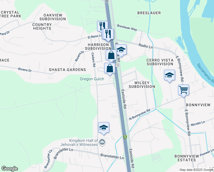 map of restaurants, bars, coffee shops, grocery stores, and more near 2211 Kenyon Drive in Redding