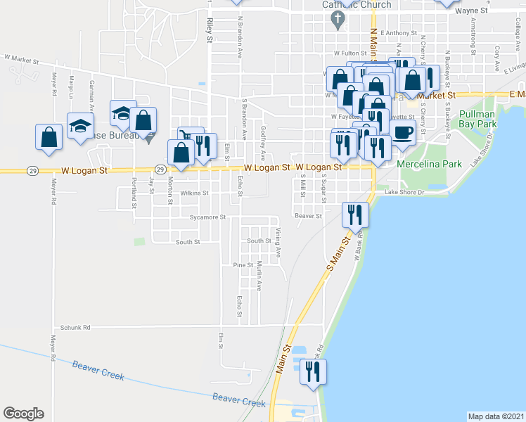 map of restaurants, bars, coffee shops, grocery stores, and more near 527 Sycamore St in Celina