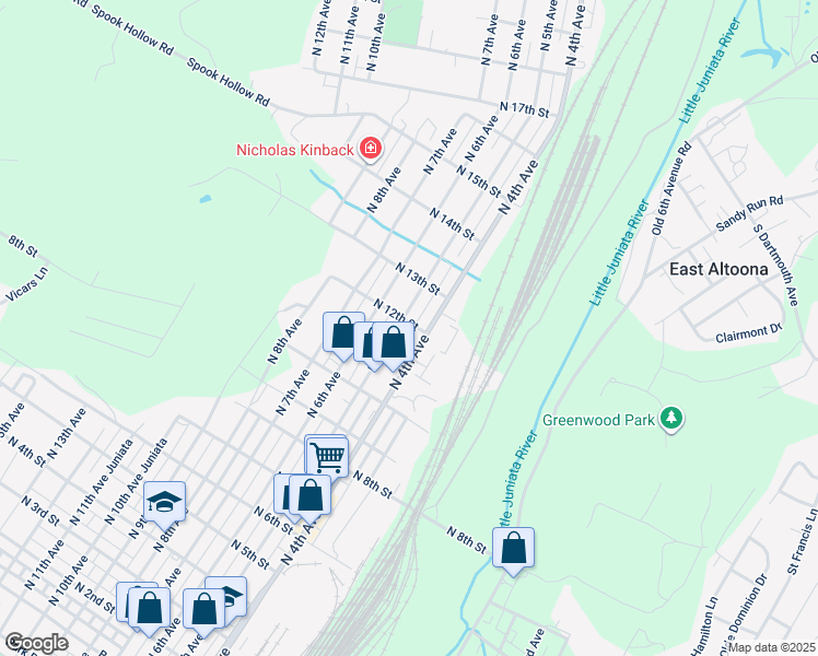 map of restaurants, bars, coffee shops, grocery stores, and more near 409 North 12th Street in Altoona