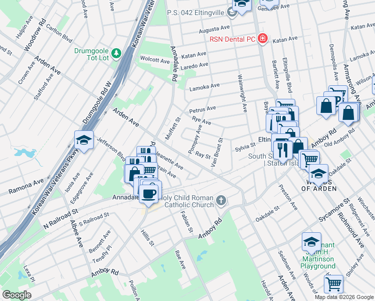 map of restaurants, bars, coffee shops, grocery stores, and more near 490 Pompey Avenue in Staten Island