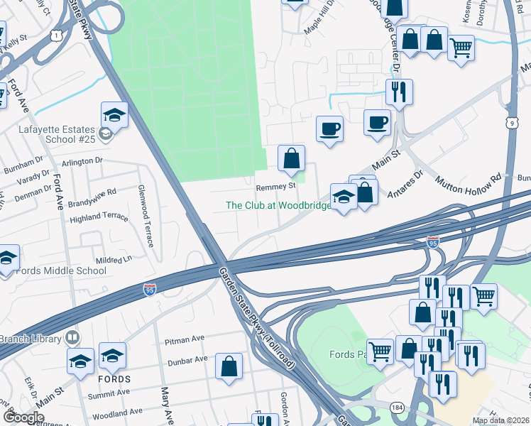 map of restaurants, bars, coffee shops, grocery stores, and more near 17 Kilfoyle Avenue in Woodbridge Township