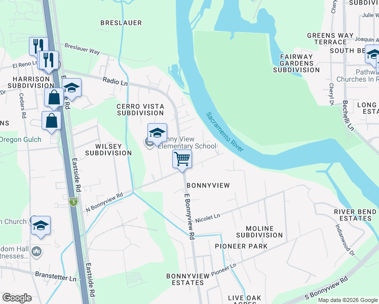 map of restaurants, bars, coffee shops, grocery stores, and more near 2833 Felstet Lane in Redding