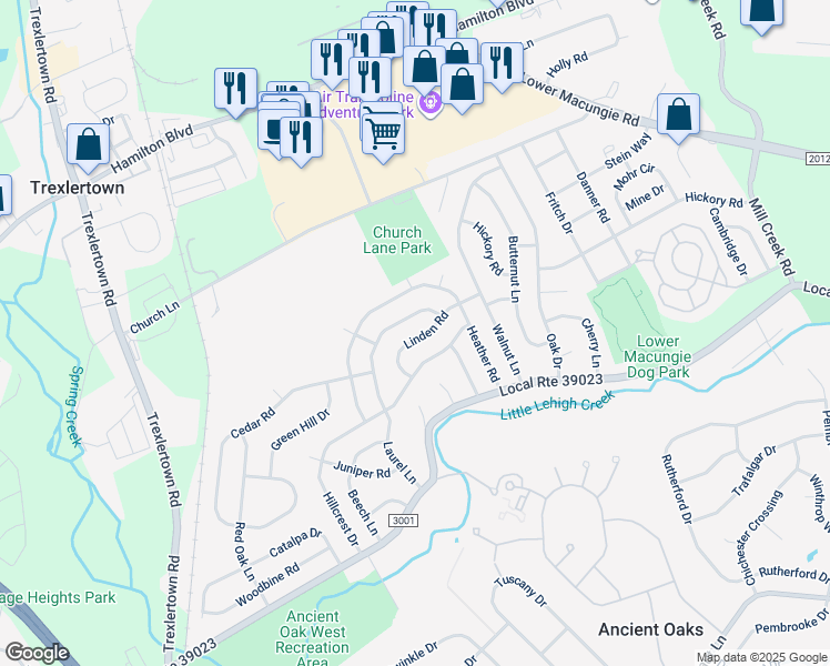 map of restaurants, bars, coffee shops, grocery stores, and more near 7127 Linden Road in Macungie