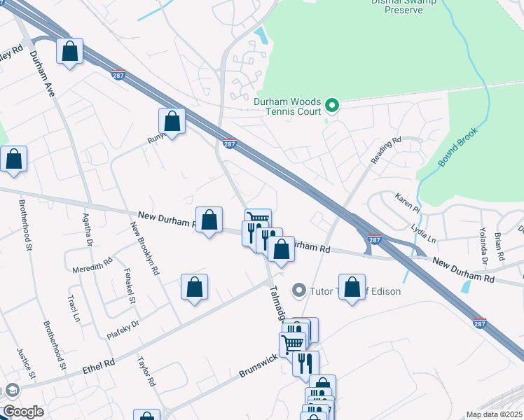 map of restaurants, bars, coffee shops, grocery stores, and more near 737 Waterford Drive in Edison