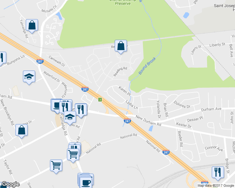map of restaurants, bars, coffee shops, grocery stores, and more near 43 Lydia Lane in Edison