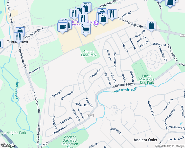 map of restaurants, bars, coffee shops, grocery stores, and more near 7127 Linden Road in Macungie