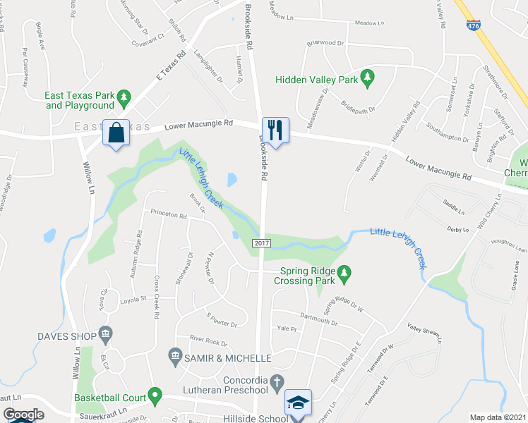 map of restaurants, bars, coffee shops, grocery stores, and more near Brookside Road in Lehigh County