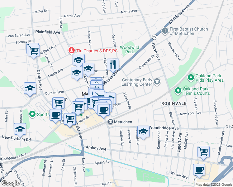 map of restaurants, bars, coffee shops, grocery stores, and more near 15 Washington Place in Metuchen