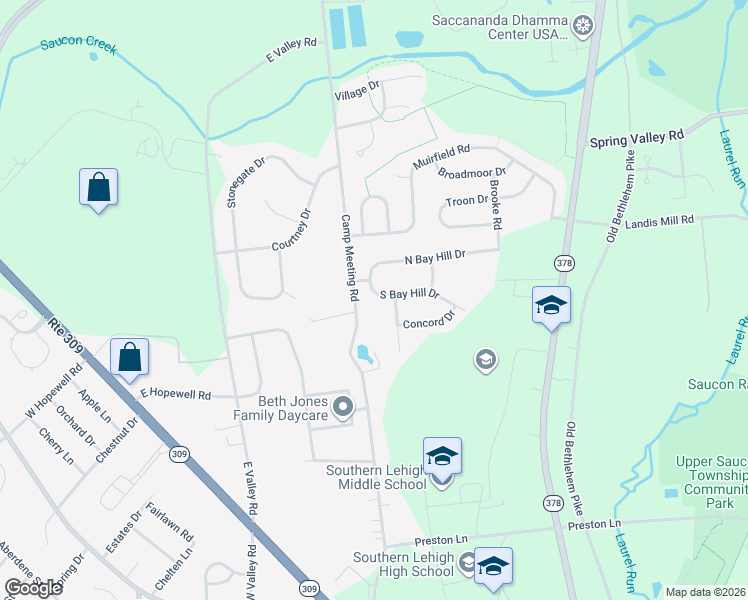map of restaurants, bars, coffee shops, grocery stores, and more near 3420 South Bay Hill Drive in Lehigh County