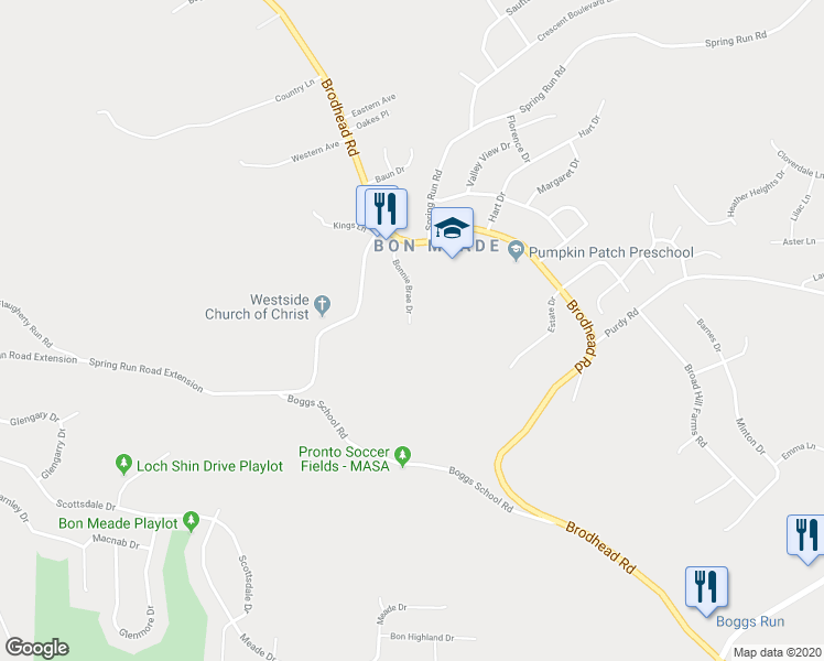 map of restaurants, bars, coffee shops, grocery stores, and more near 607 Bonnie Brae Drive in Coraopolis